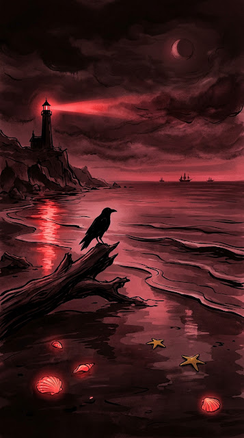 Gothic Minimalist Beach with Black Crow and Crimson Reflections - Free mobile Wallpaper