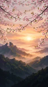 Misty Mountain Valley with Cherry Blossoms at Sunset