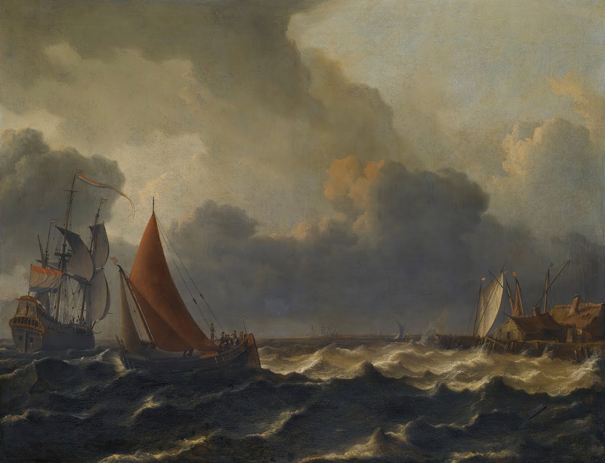 A Smalschip Closed Hauled In A Stiff Breeze With A Flagship Offshore To The Left