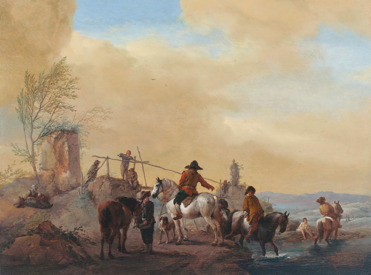 Riders and horses resting by a river