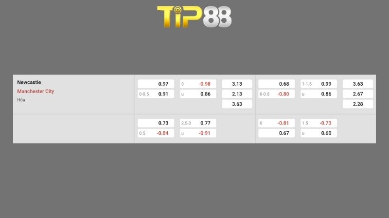 Bảng kèo Newcastle vs Manchester City