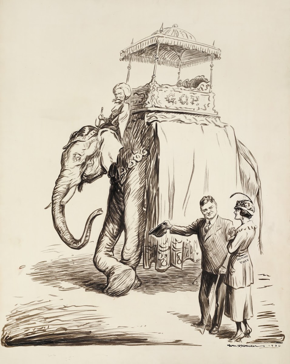 A man in a suit representing politicians invites a woman representing the womans