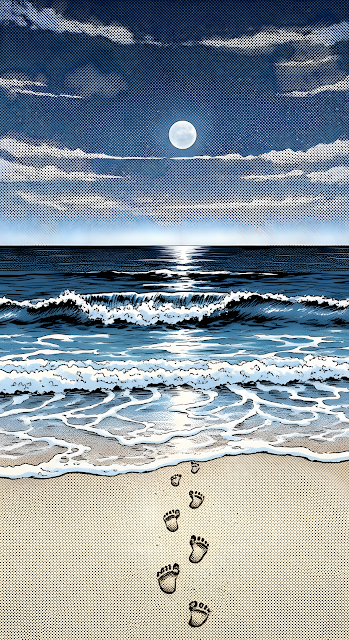 Pop Art Beach Scene with Footprints and Moonlight - Free mobile Wallpaper