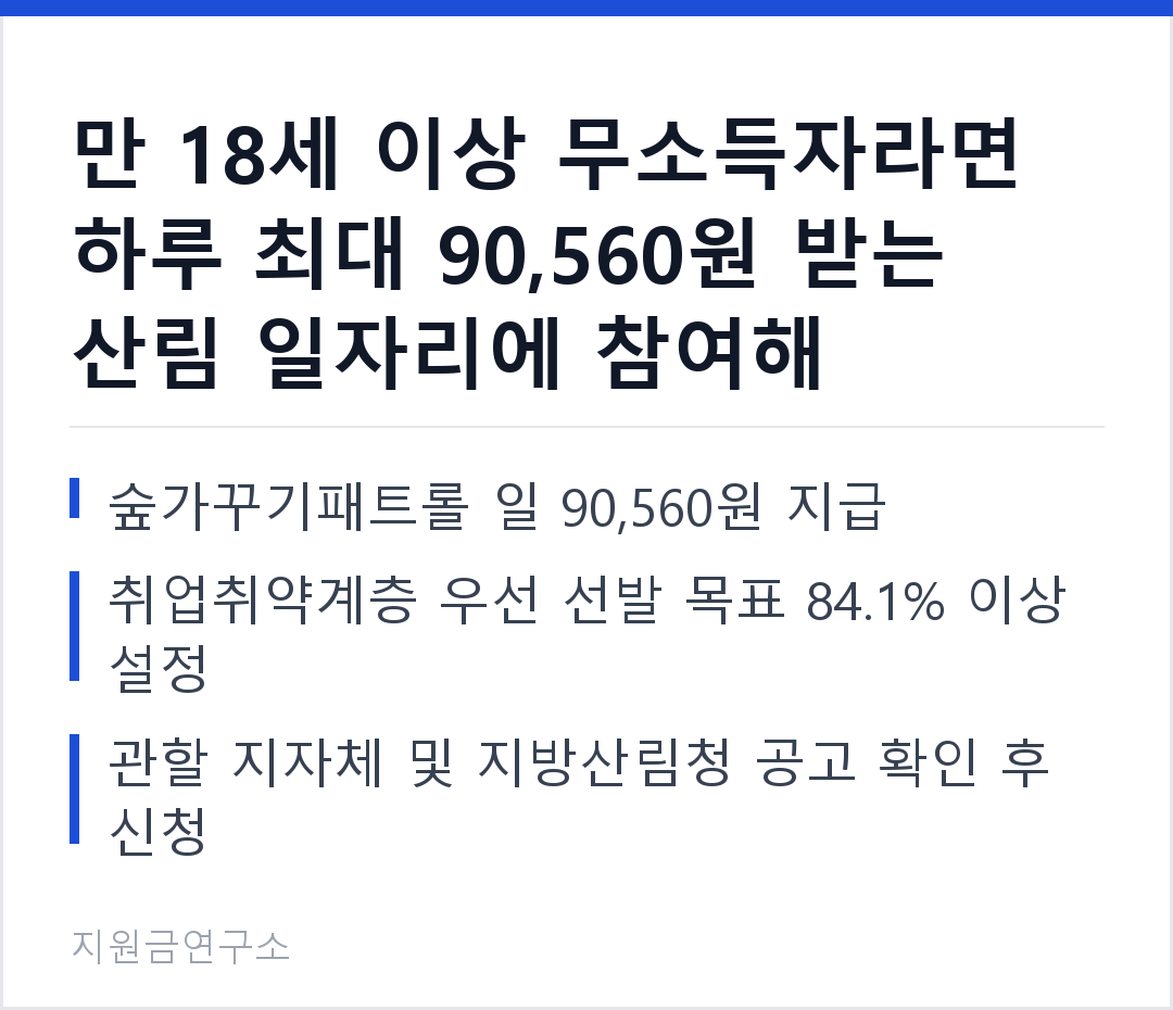 만 18세 이상 무소득자라면 하루 최대 90,560원 받는 산림 일자리에 참여해 보세요. 숲가꾸기패트롤 일 90,560원 지급 취업취약계층 우선 선발 목표 84.1% 이상 설정