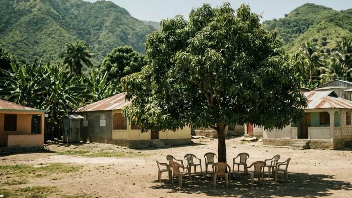 Chaises vides en cercle sous un manguier sur une place de Mirebalais