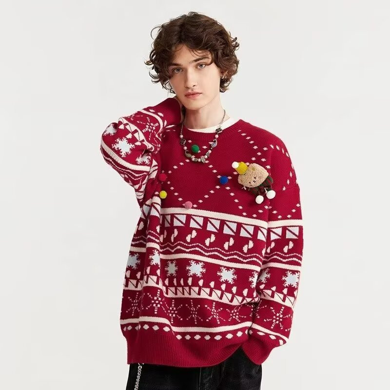 Knitted sweater with round neckline, ethnic style
