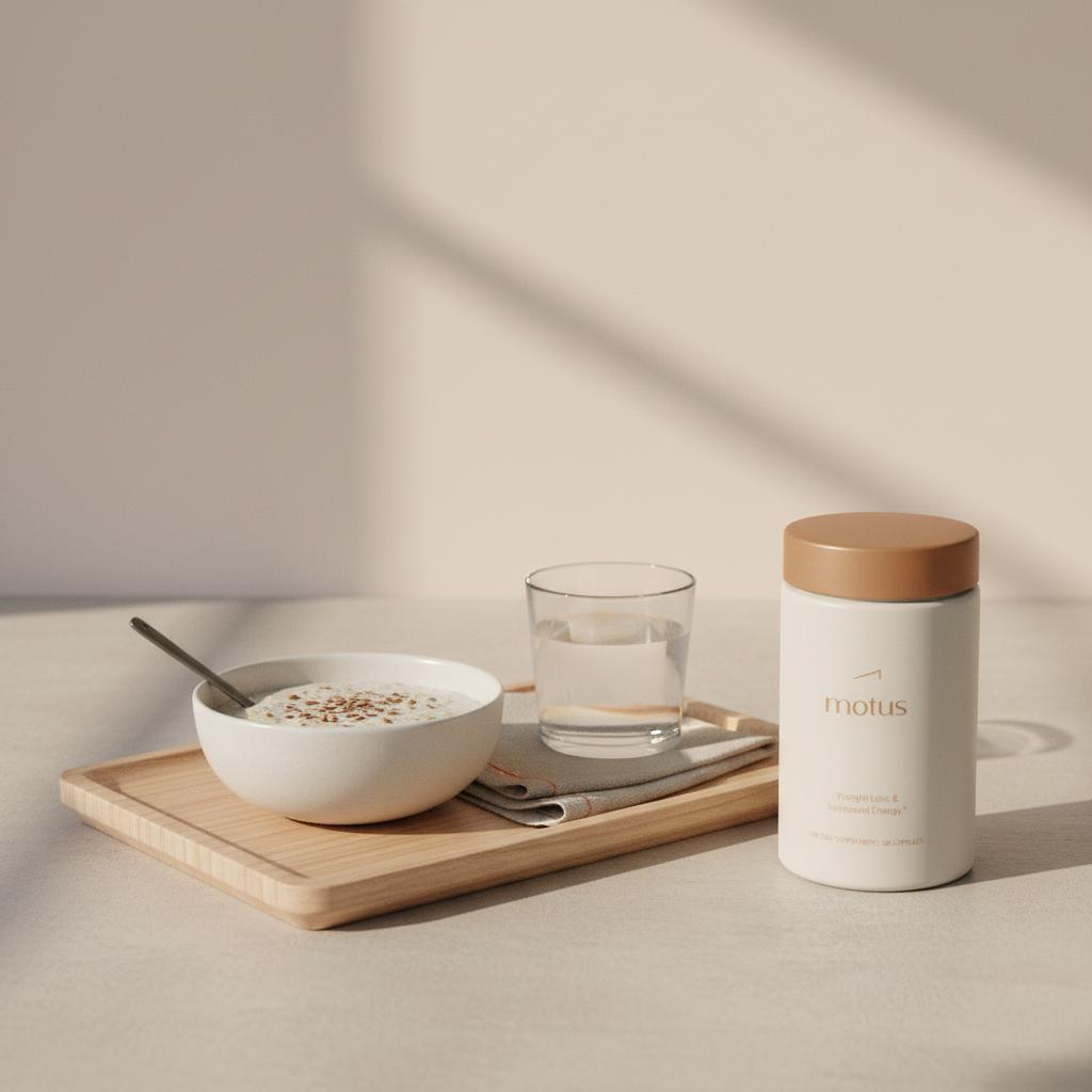 Minimalist breakfast tray with oatmeal, ground flaxseed, water and Motus supplement to flush your body of toxins in Tonum brand styling.