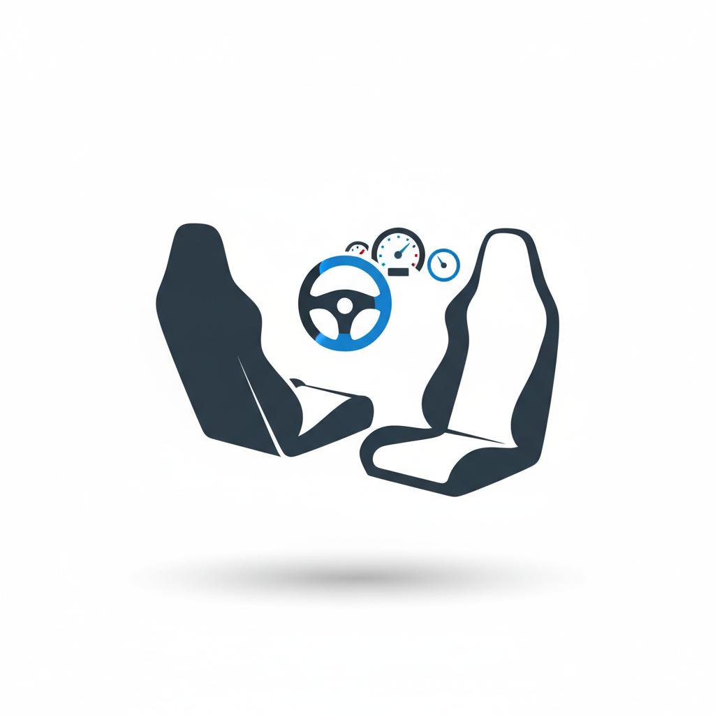Minimalist vector car interior showing sport seats steering wheel and performance gauges with white background and blue accents trackhawk for sale