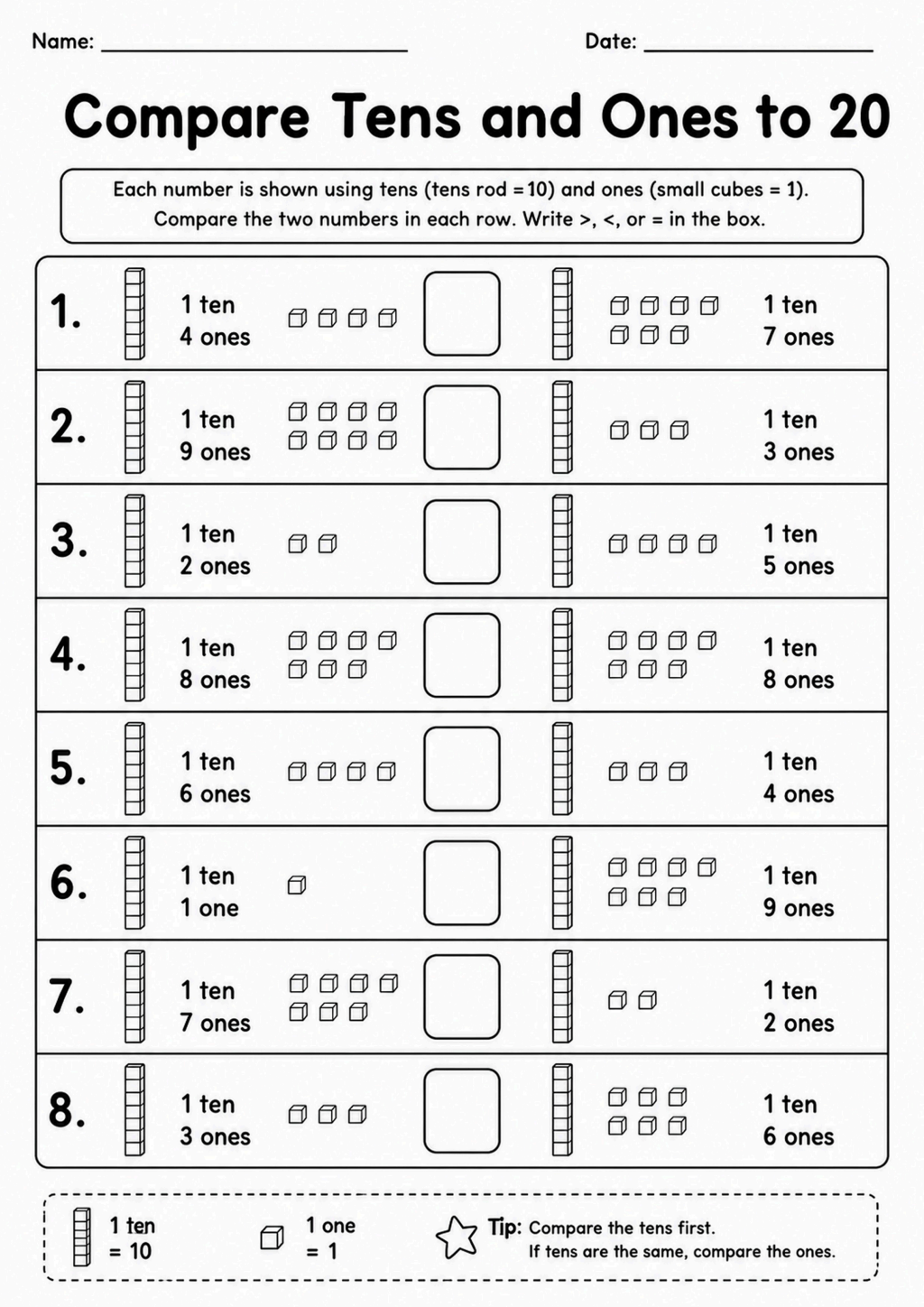 Compare Tens and Ones to 20 Worksheet