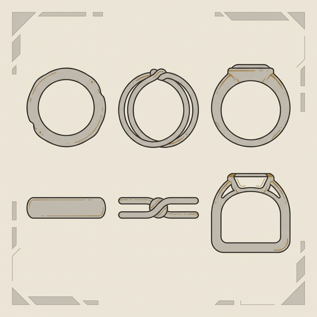 Minimalist 2D vector of three ring hoops with cross sections and bezel profiles on archival paper background in Aurora Antiqua palette old greek wedding rings