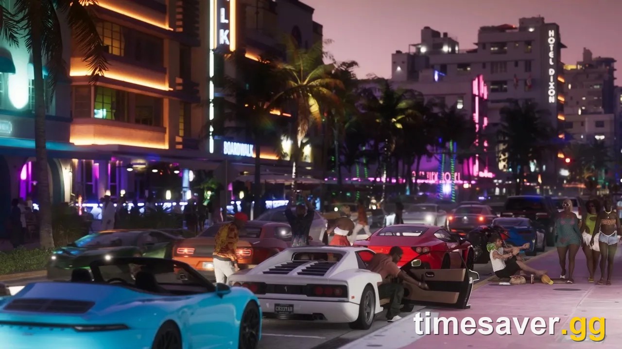 GTA 6's Vice City lit up at night — neon-soaked Ocean Drive with sports cars, the open world that unlocks on November 19, 2026