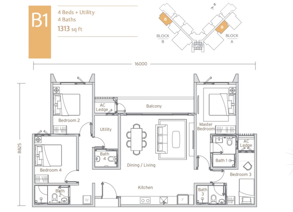 Papyrus Type B1 floor plan — 1335 sq ft, 4 bedrooms