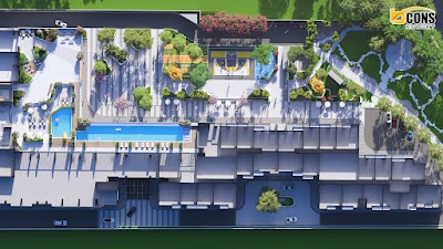 Mặt bằng tầng trệt tổng thể: hồ bơi, công viên và đường nội bộ Bcons NewSky