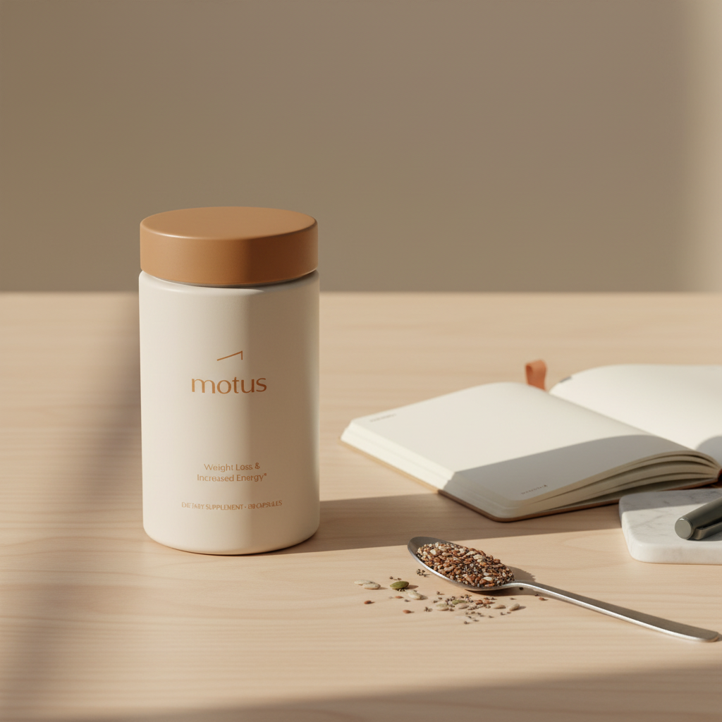 Motus supplement bottle on light wood table with open notebook and spoon of mixed seeds against a soft beige background, minimalist health scene, what burns the most belly fat