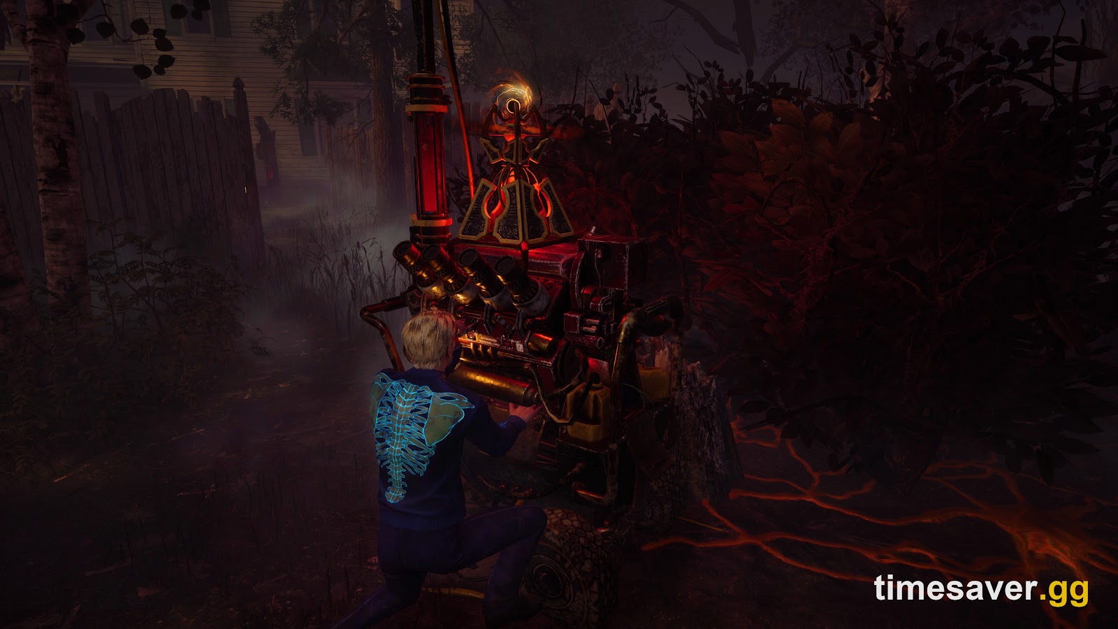 A Dead by Daylight survivor repairing a Halloween event generator crowned with a glowing orange skeleton ornament
