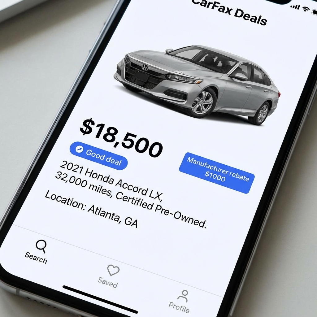Close up smartphone used car listing showing price price analysis label and manufacturer rebate badge on clean white background automotive dealers near me