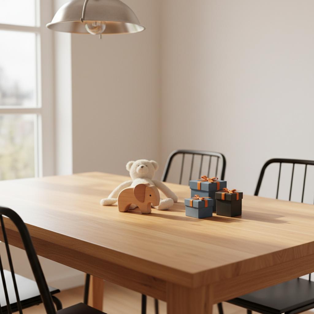 Nahaufnahme eines Esstischs mit ostergeschenken für enkel: Stofftiere, Holzspielzeug und kleine Geschenkboxen auf warmer Holzoberfläche mit dezenten Metallakzenten.