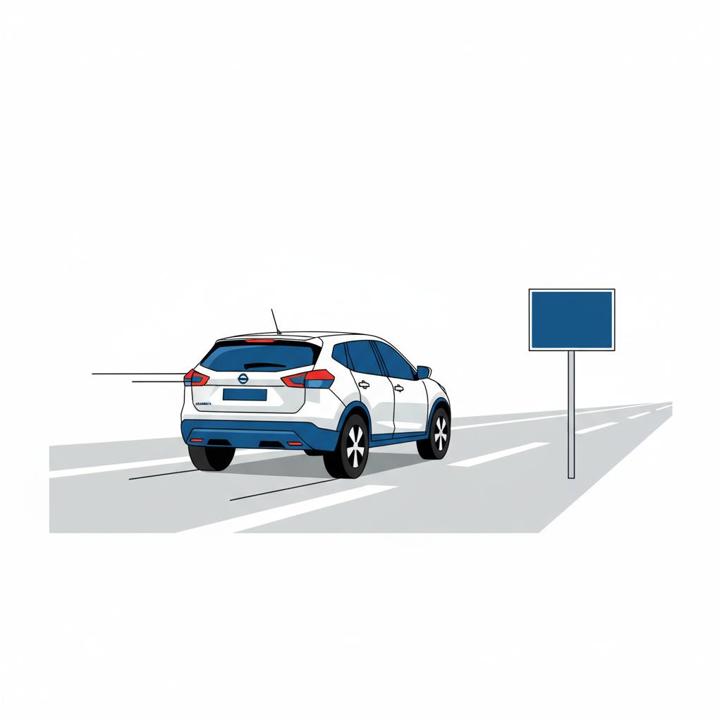 Minimalist 2D vector rear view of a reliable Nissan style crossover on a clear highway with a small roadside sign in brand blue #3666ed on white background
