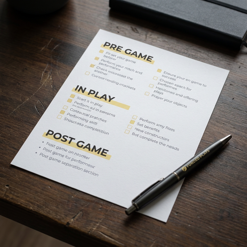Close up of a printed one page checklist and pen on a wood desk labeled pre game in play post game illustrating a routine for Trading Live Without Chasing Momentum clean minimalist Funded Plays style