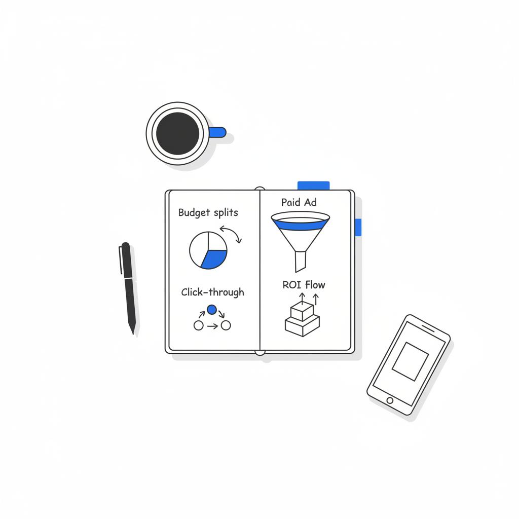 Minimalist 2D vector overhead of a notepad with funnel and budget sketches illustrating Yelp ad pricing strategy, on a white desk with a pen and coffee mug.