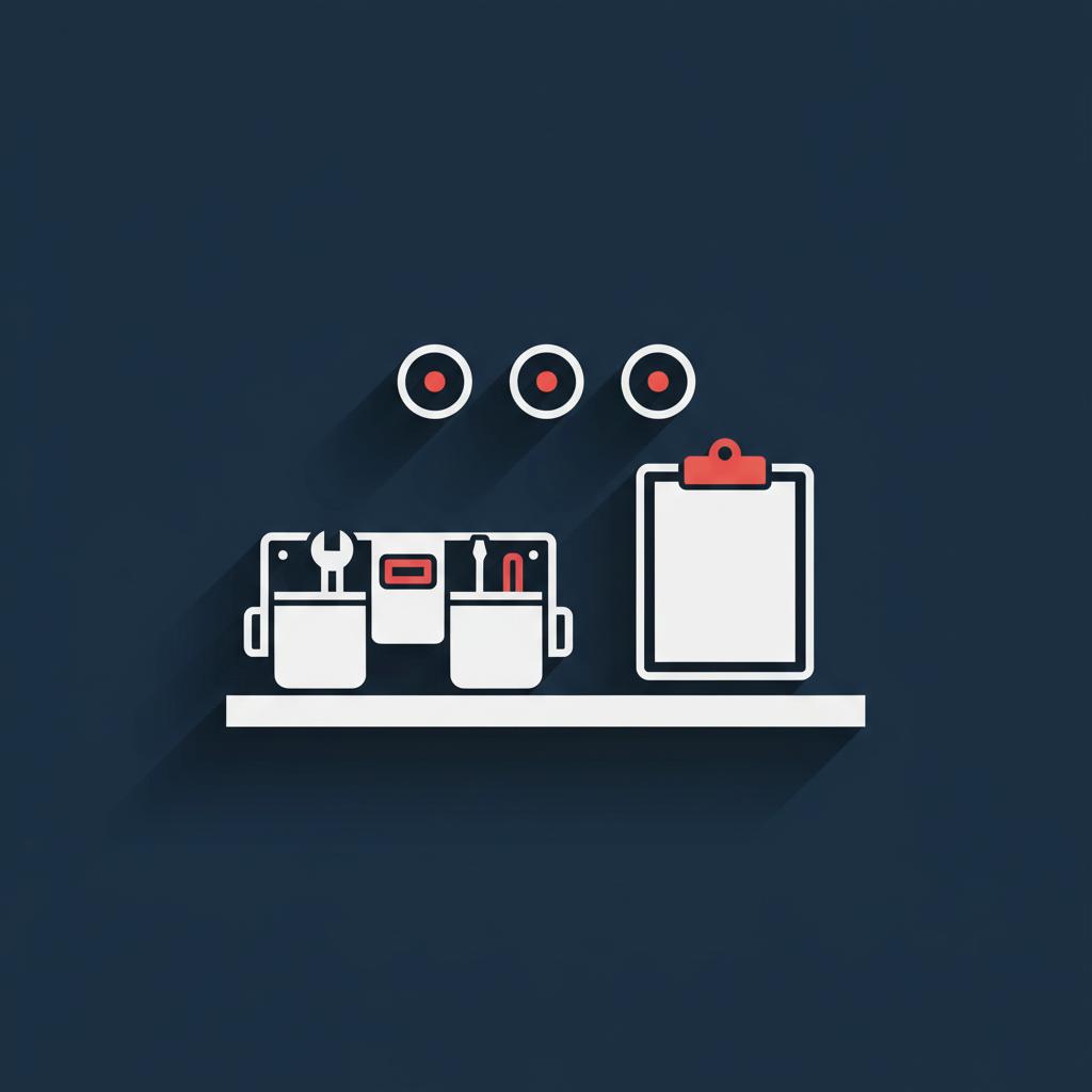 Minimalist 2D vector infographic of a trade toolbelt and technician clipboard on a workbench in deep navy white and red, no people, monday through friday jobs near me