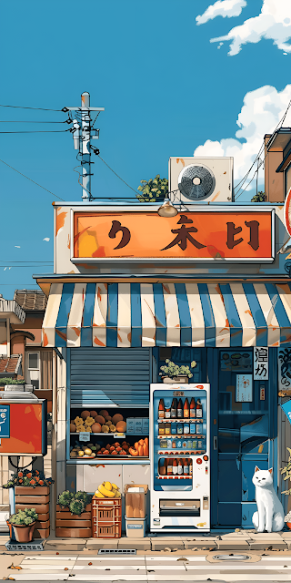 Cozy Japanese Street Corner Storefront Vending Machine Cat Art - Free mobile Wallpaper