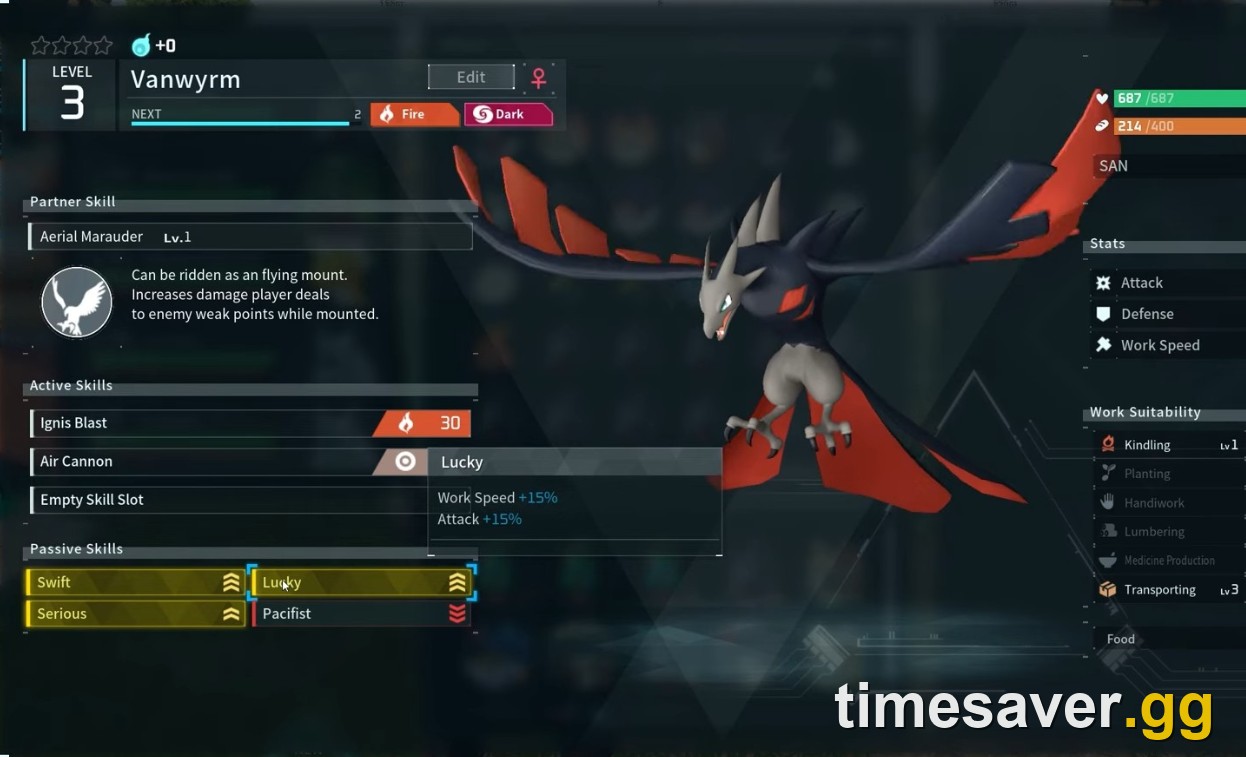 A Palworld Pal stats screen showing four passive skills (Swift, Lucky, Serious, Pacifist) that determine its combat and work performance