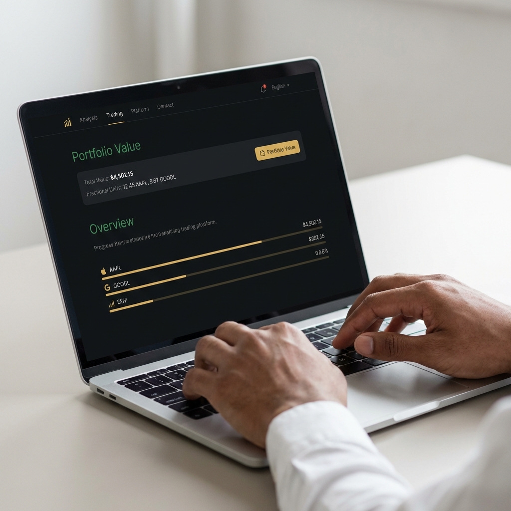 Close up of hands using a laptop trading platform showing a small portfolio value and fractional share units how do i start trading