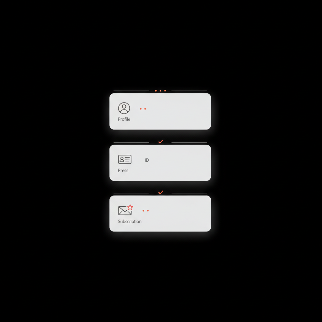 Minimal full-frame infographic of a centered stacked checklist (profile, ID, press, subscription icons) on black background using brand colors for Twitter verification article