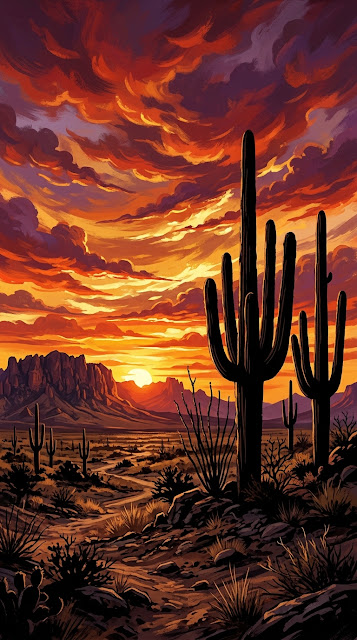 Dramatic Desert Sunset Landscape with Cacti Silhouettes - Free mobile Wallpaper