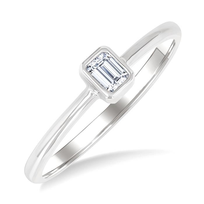 Emerald Shape Bezel Set Petite Diamond Fashion Ring