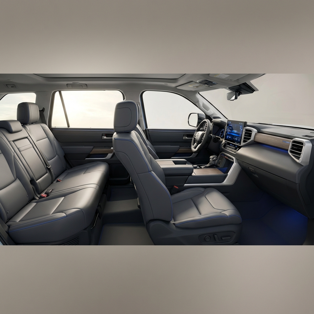 Close interior view of a Toyota Sequoia three row seating and dashboard highlighting spacious legroom and premium materials toyota sequoia for sale