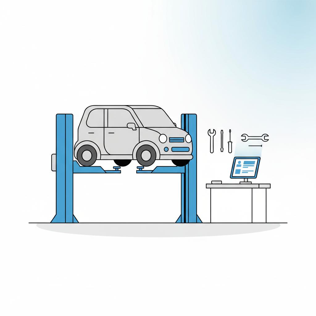 Minimalist 2D vector garage interior with a car on a lift and a tablet showing an icon style vehicle history report emphasizing NADA value for inspection context