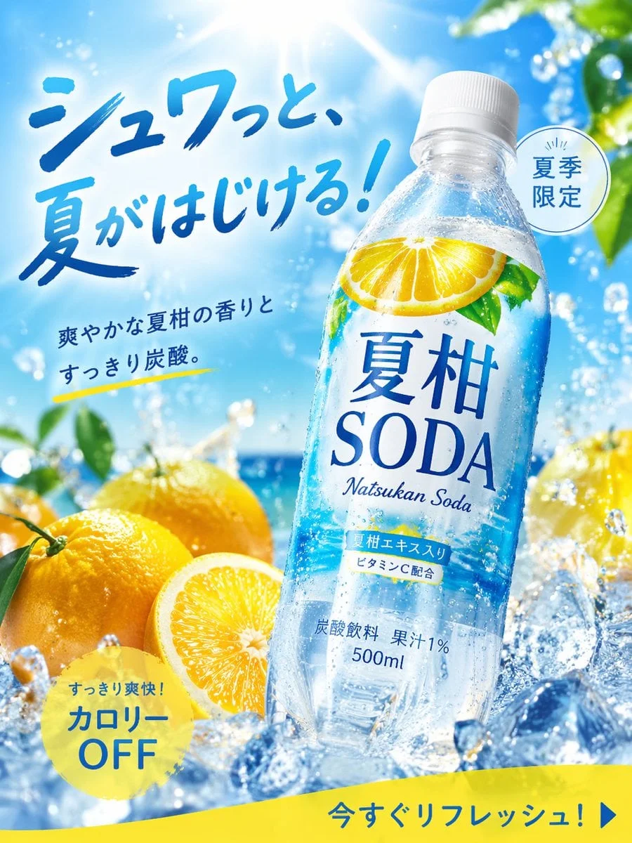Generación de imagen: Foto publicitaria del producto, producto de temporada perfecto para el verano, bebida carbonatada, nombre "Natsukan SODA", forma = botella de PET de 500 ml, especificaciones de la imagen diseñadas y generadas después de investigar diseños de alta CTA para anuncios de bebidas en 2025,...