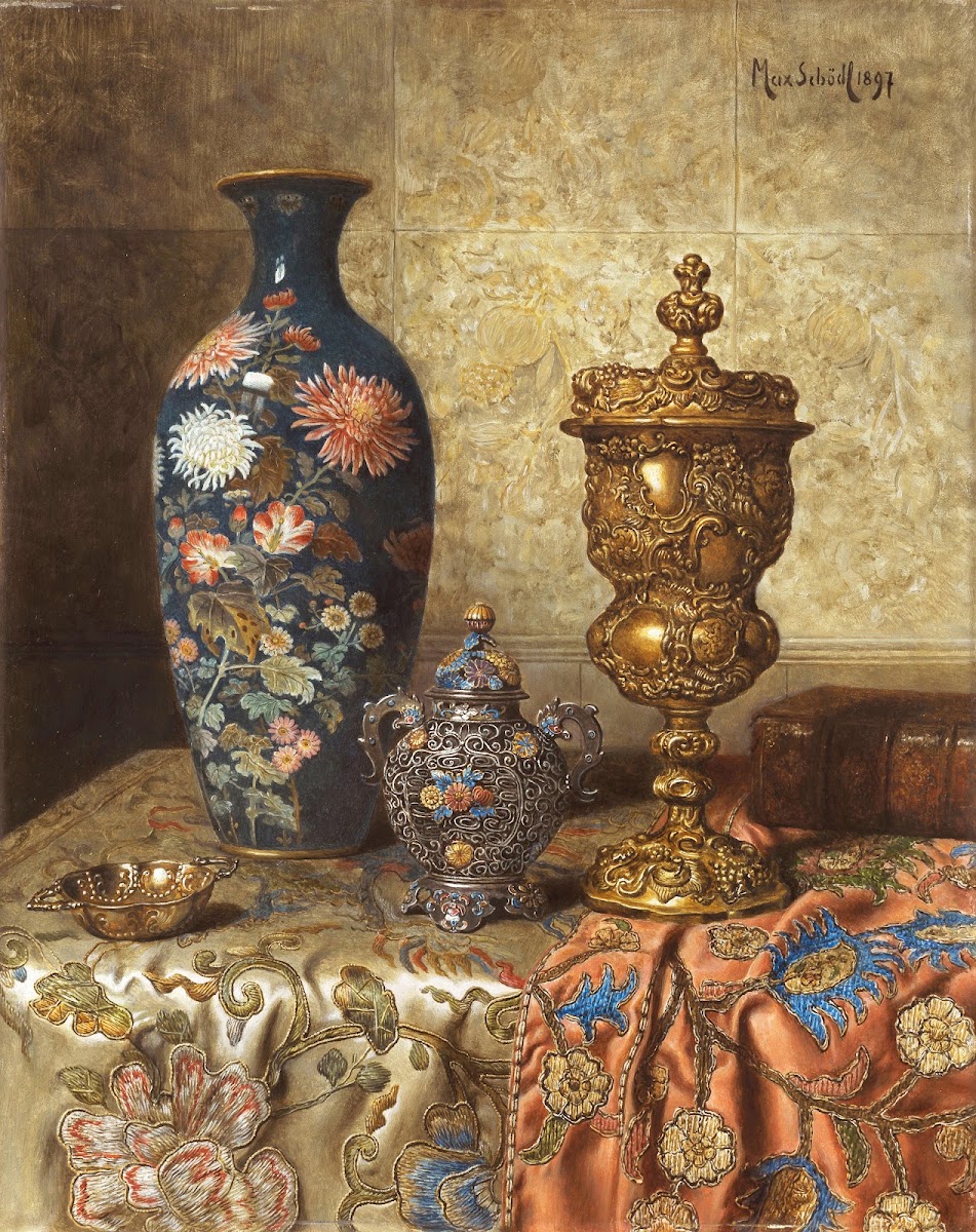 Still Life with Cloisonné Vase Covered Goblet Lidded Vase and Tastevin 1897