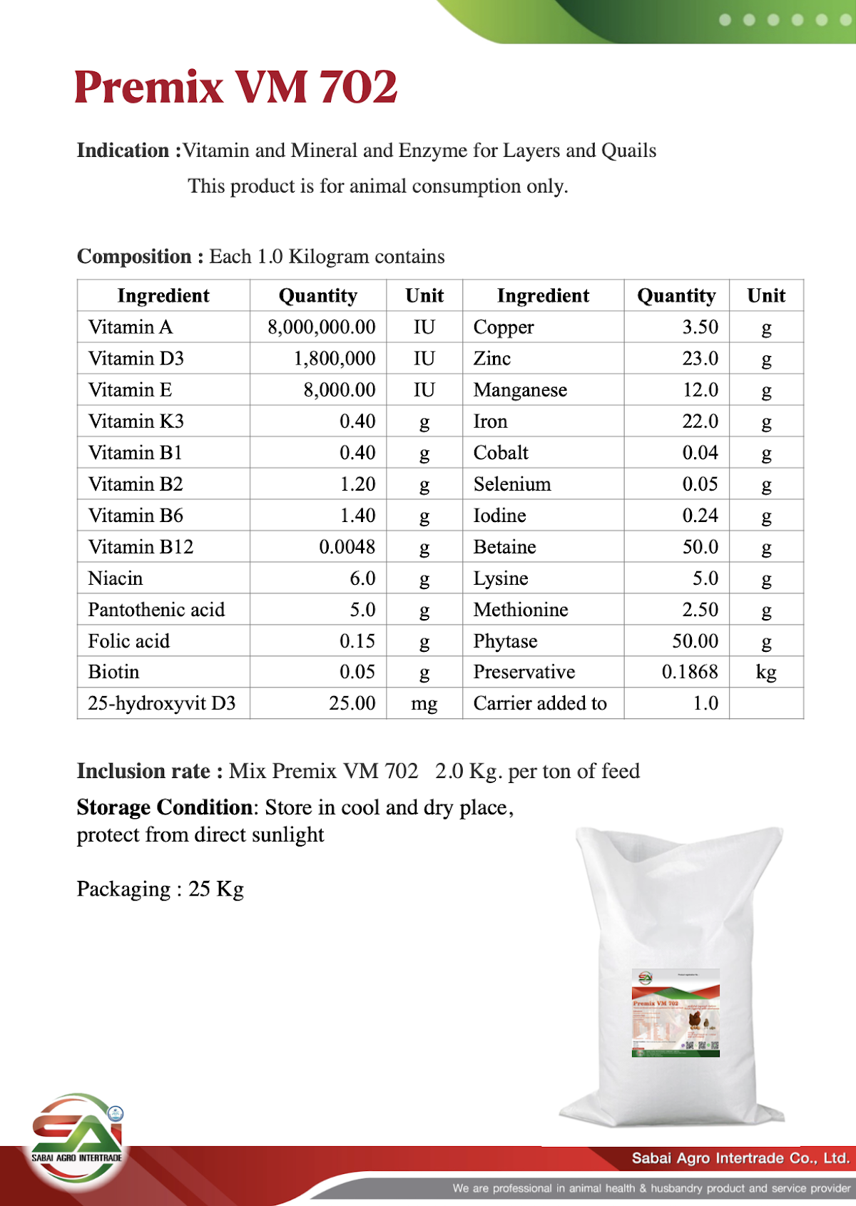 Premix VM 702 Datasheet