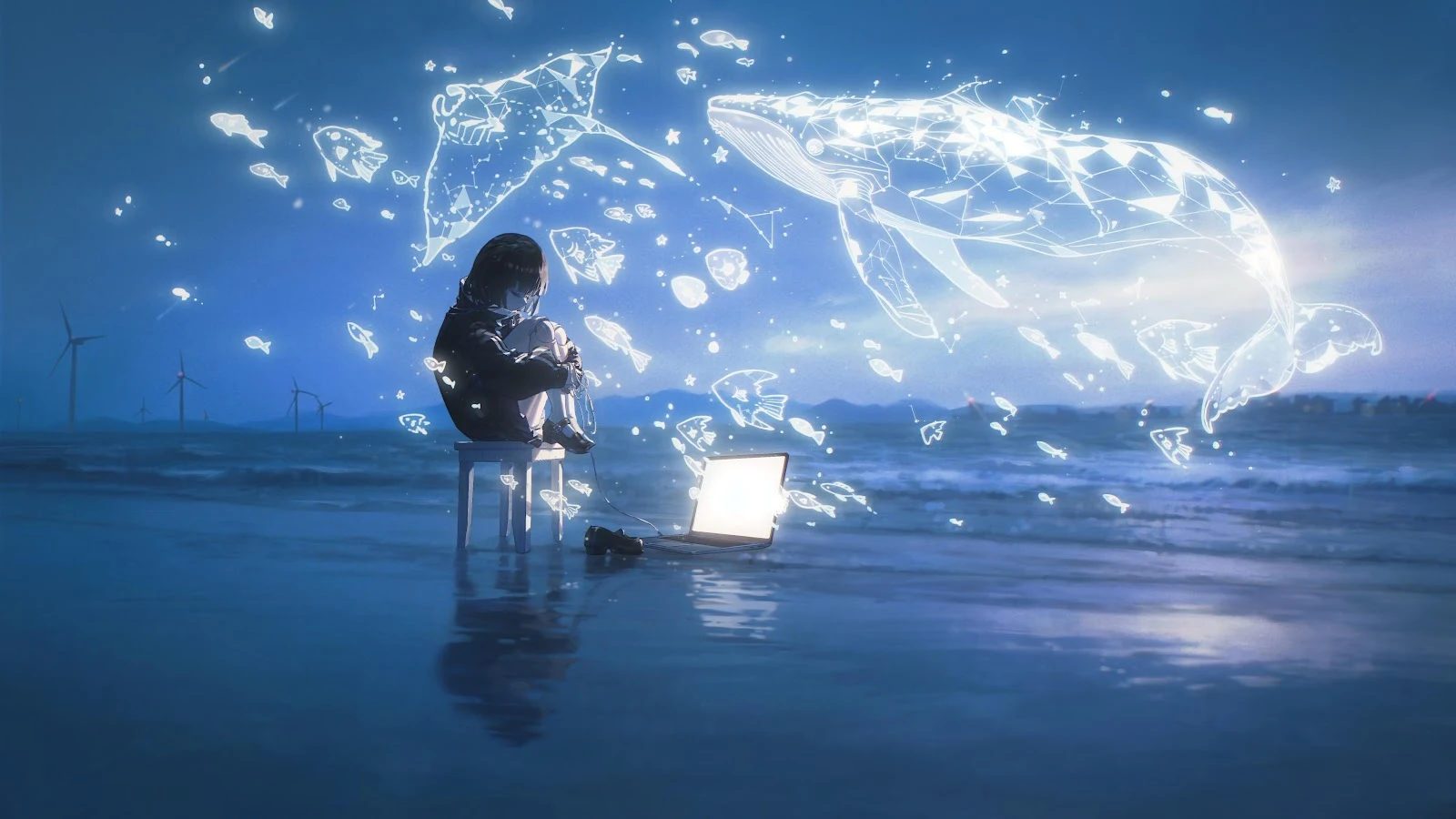 Digital Whales Over Night Ocean - Anime Digital Art 5K Wallpaper (5333x3000)