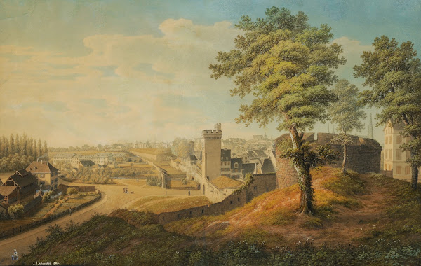 Blick von der Elisabethenschanze auf die Rundbastion zum Steinentor und zur Stei