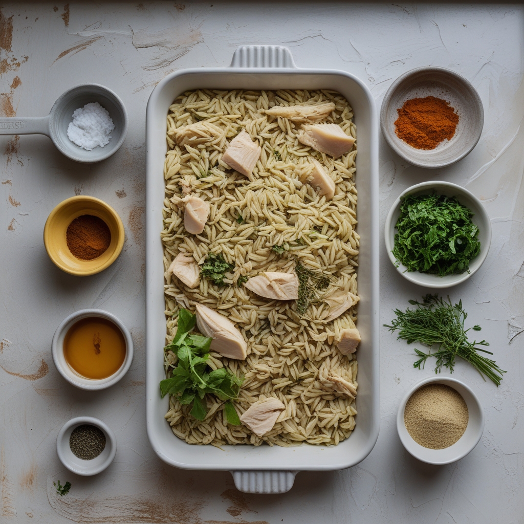 Ingredients for French Onion Chicken Orzo Casserole – Easy Comfort Food for Weeknight Dinners