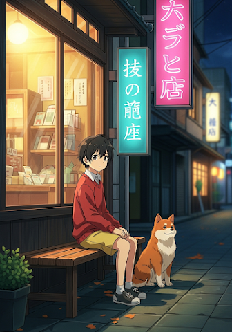 Manga Boy & Dog Bench Japanese Street Night Scene