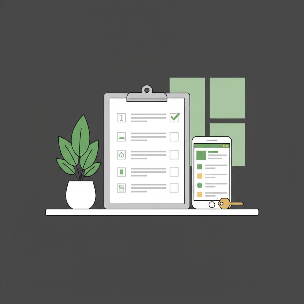 Minimal 2D vector close up of checklist and smartphone representing a property walkthrough in brand colors no text how to buy airbnb property with no money
