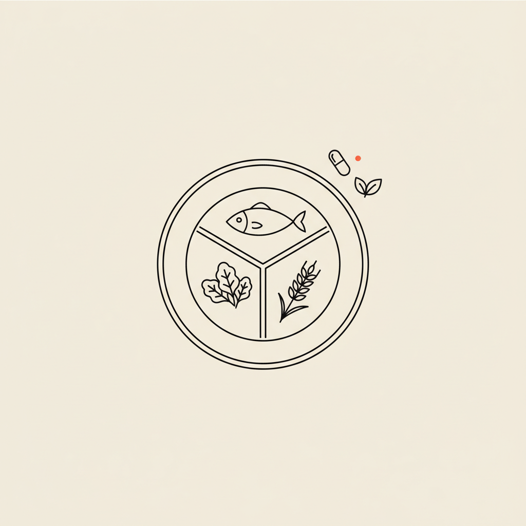 Can nutrition coaches give meal plans? Minimal vector line illustration of a divided plate showing protein, vegetables, grains, with a capsule and leaf on beige #F2E5D5.