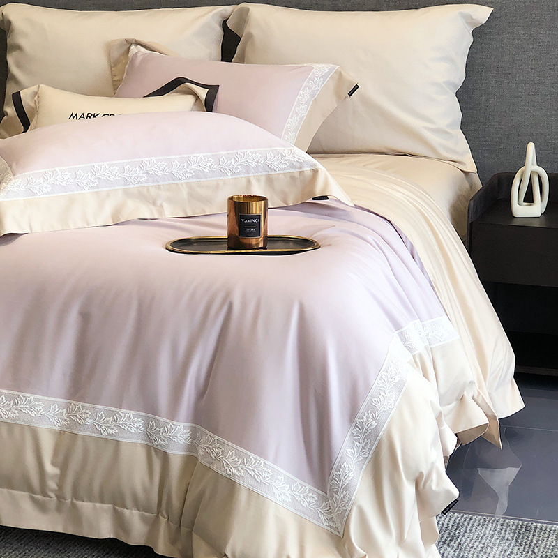 Tencel Cotton Bedding Set, Brushed, with Lace, 4-Piece