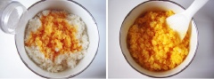 Trứng gà đập ra tô, thêm 1 muỗng cà phê muối vào, khuấy đều. Trộn đều trứng gà với chén cơm.