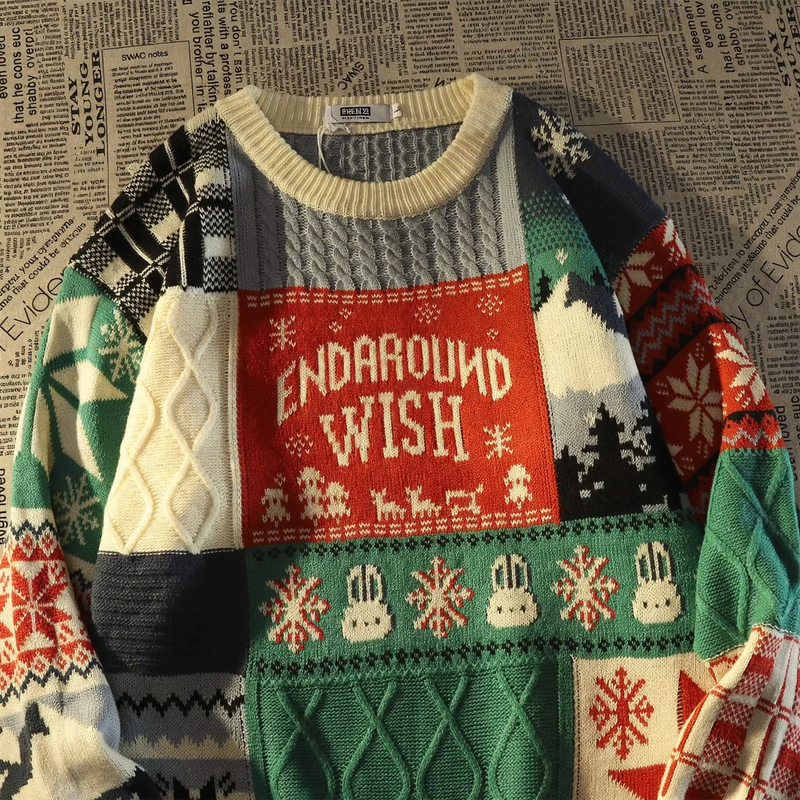 Men's knitted sweater, round neck, contrast colors