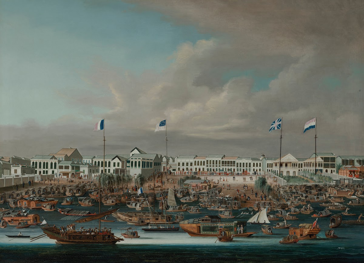 The Hongs of Canton showing the French American British and Dutch flags