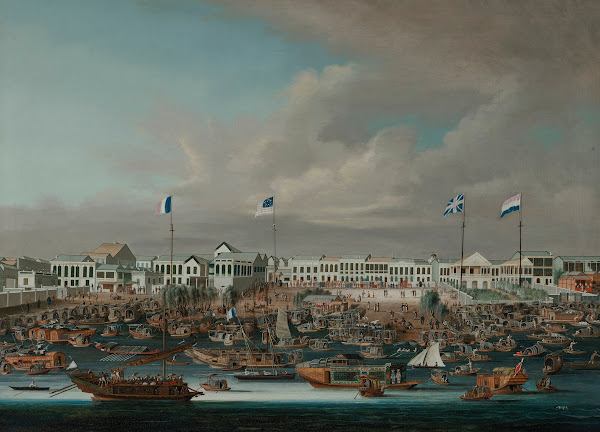 The Hongs of Canton showing the French American British and Dutch flags