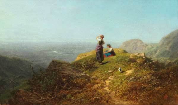 Blick ins Tal Zwei Mädchen auf einer Alpe 1860