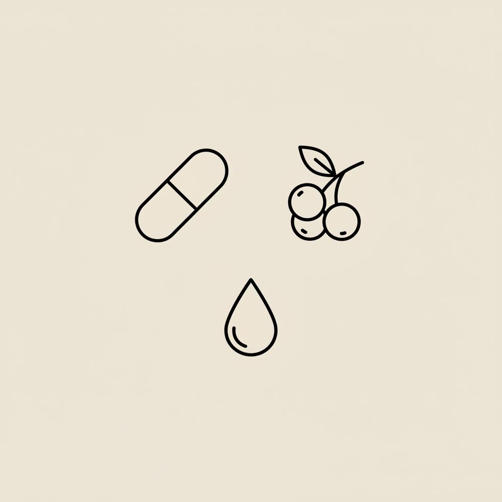 Minimalist Tonum-style vector line illustration of a capsule, berry sprig, and water droplet on beige background representing the price of diet pills in Mexico