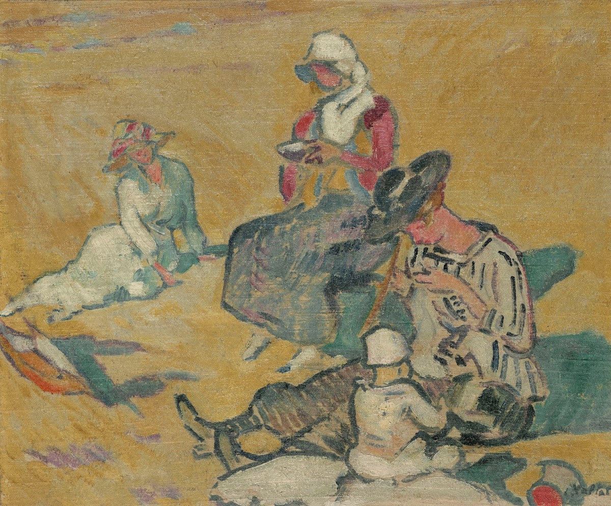 Femmes à louvrage sur la plage 1916